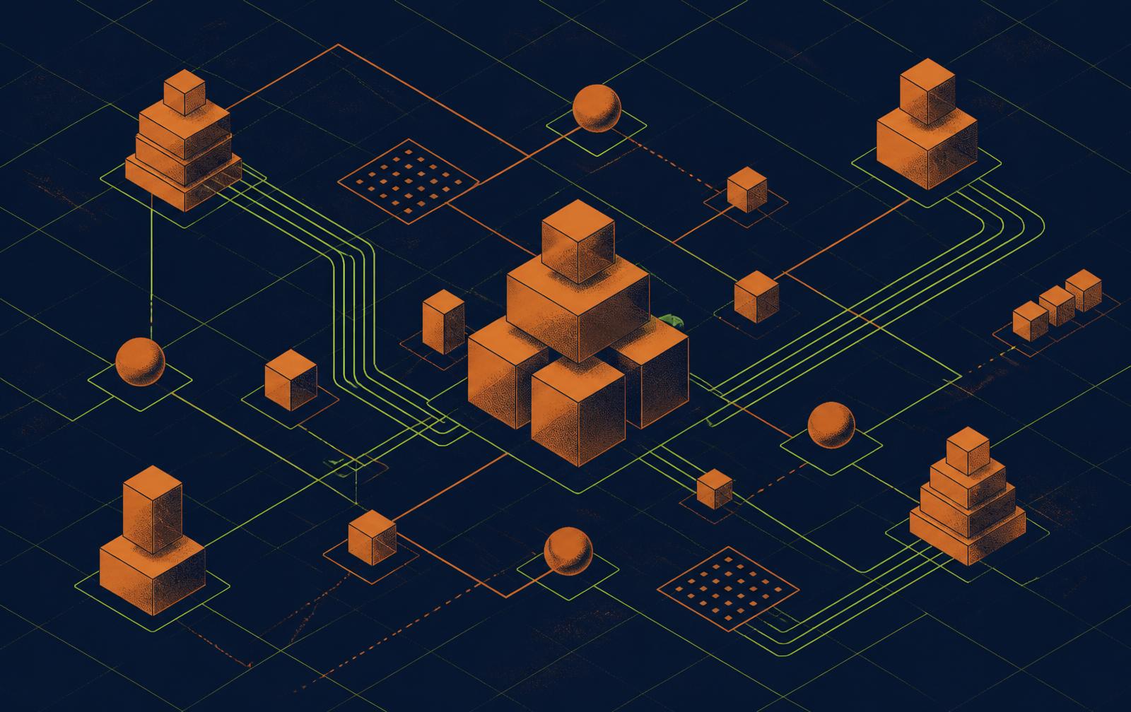Isometric illustration of connected software services and data stores arranged on a technical grid