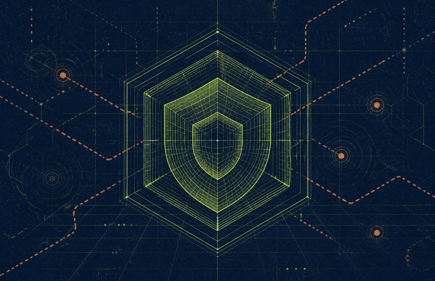 Abstract wireframe shield inside a hexagonal grid representing layered system protection